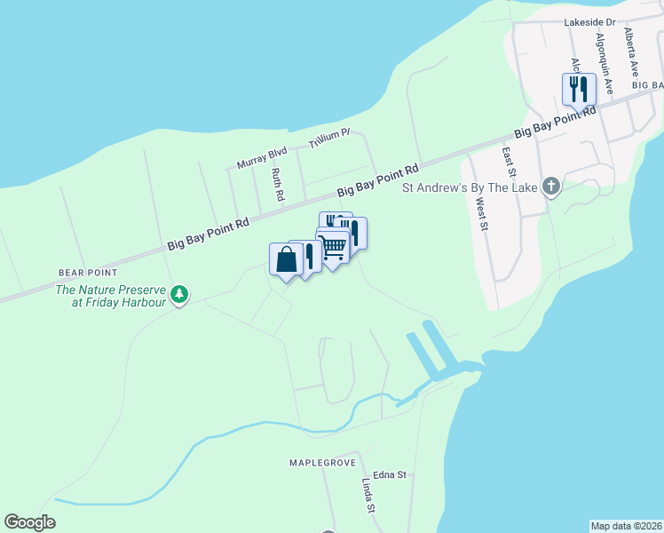 map of restaurants, bars, coffee shops, grocery stores, and more near 261 Broward Way in Innisfil