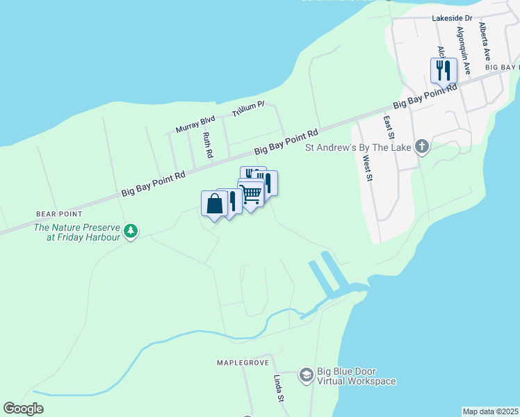 map of restaurants, bars, coffee shops, grocery stores, and more near 247 Broward Way in Innisfil