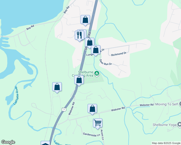 map of restaurants, bars, coffee shops, grocery stores, and more near 4383 Shelburne Road in Shelburne