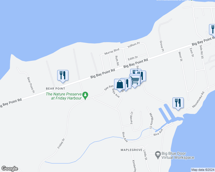 map of restaurants, bars, coffee shops, grocery stores, and more near 333 Sea Ray Avenue in Innisfil