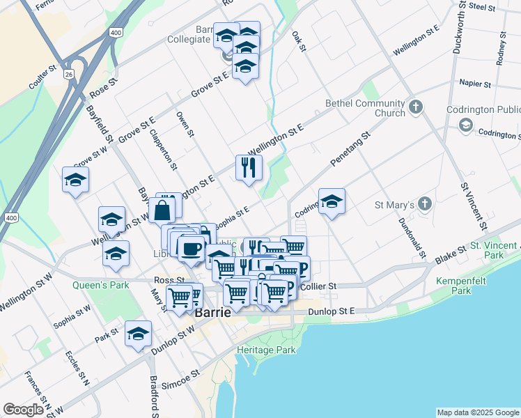 map of restaurants, bars, coffee shops, grocery stores, and more near 34 Peel Street in Barrie