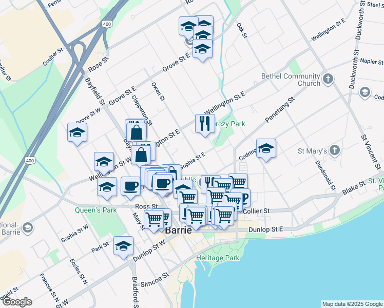 map of restaurants, bars, coffee shops, grocery stores, and more near in Barrie