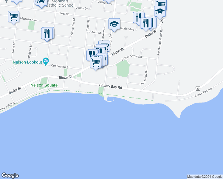 map of restaurants, bars, coffee shops, grocery stores, and more near 99 Shanty Bay Road in Barrie
