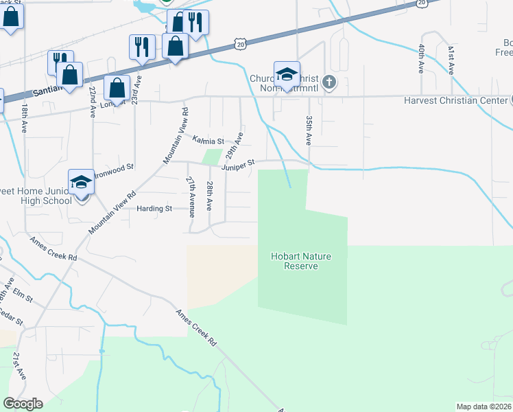 map of restaurants, bars, coffee shops, grocery stores, and more near 2990 Harding Court in Sweet Home