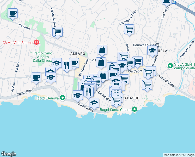 map of restaurants, bars, coffee shops, grocery stores, and more near 6 R Via Luigi Arnaldo Vassallo in Genova