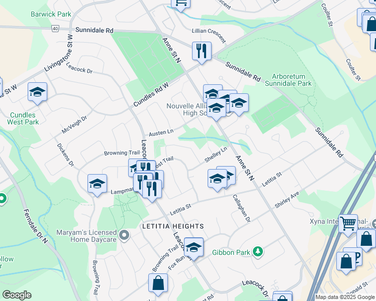 map of restaurants, bars, coffee shops, grocery stores, and more near 26 Scott Crescent in Barrie