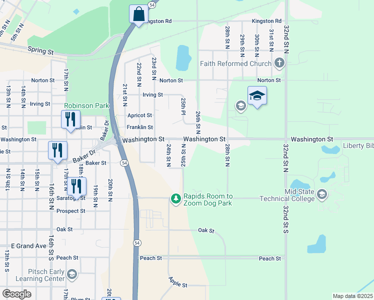 map of restaurants, bars, coffee shops, grocery stores, and more near 722 25th Street North in Wisconsin Rapids