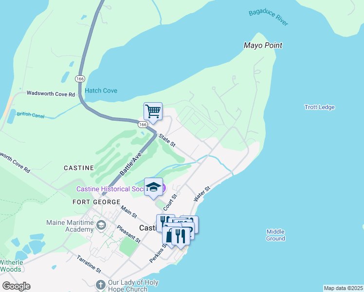 map of restaurants, bars, coffee shops, grocery stores, and more near 23 State Street in Castine