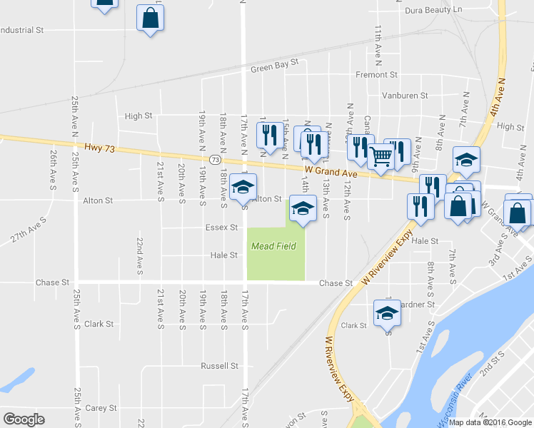 map of restaurants, bars, coffee shops, grocery stores, and more near 241 17th Ave S in Wisconsin Rapids
