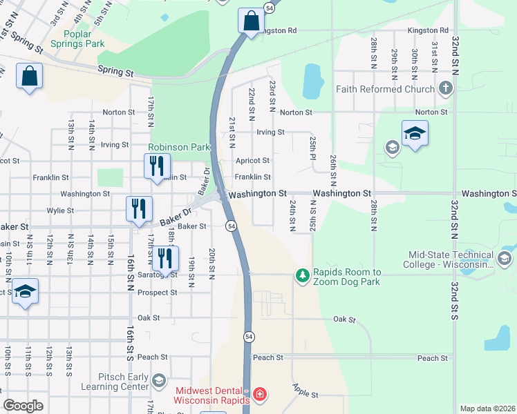 map of restaurants, bars, coffee shops, grocery stores, and more near 710 22nd Street North in Wisconsin Rapids