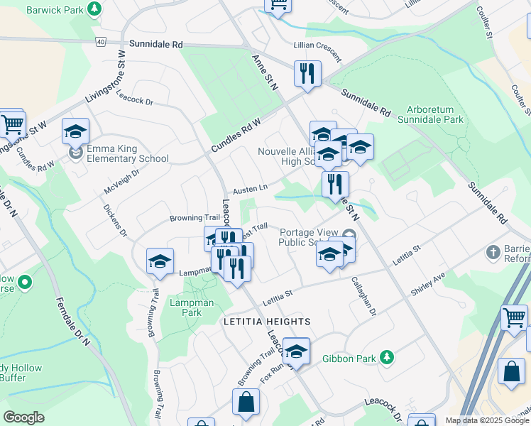 map of restaurants, bars, coffee shops, grocery stores, and more near 68 Scott Crescent in Barrie