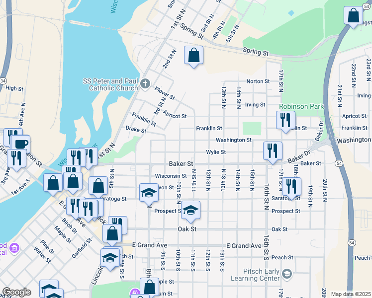 map of restaurants, bars, coffee shops, grocery stores, and more near 1031 Wylie Street in Wisconsin Rapids