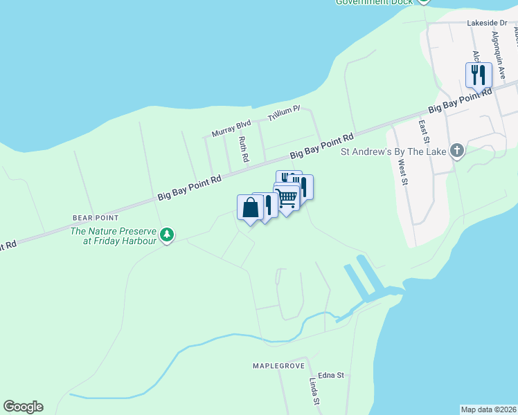 map of restaurants, bars, coffee shops, grocery stores, and more near 301 Sea Ray Avenue in Innisfil