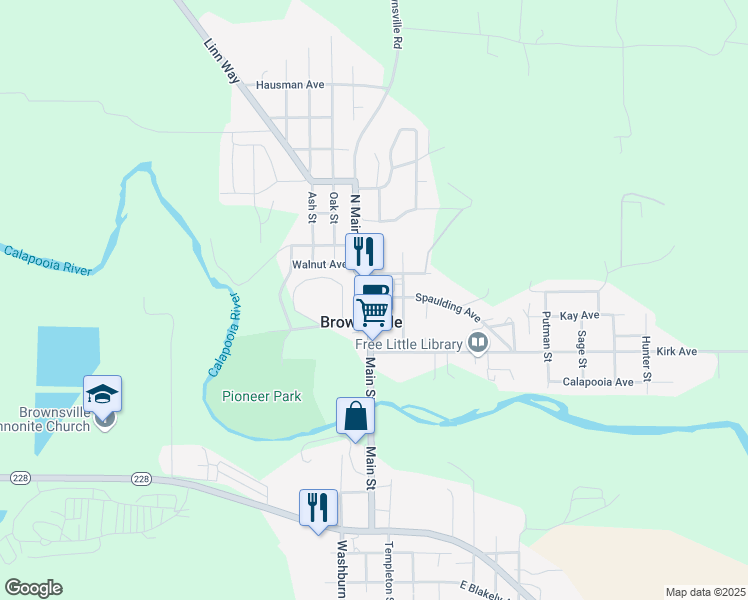 map of restaurants, bars, coffee shops, grocery stores, and more near 104 Spaulding Way in Brownsville