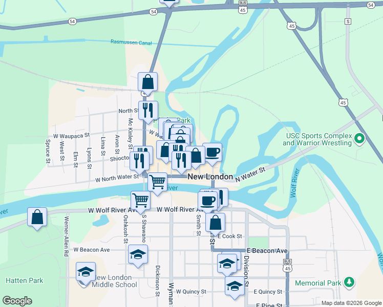 map of restaurants, bars, coffee shops, grocery stores, and more near 210 West Waupaca Street in New London