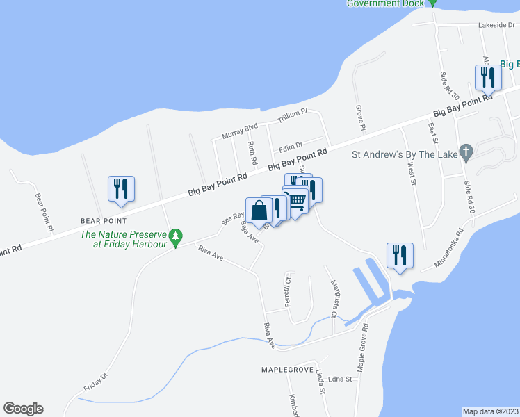 map of restaurants, bars, coffee shops, grocery stores, and more near Sea Ray Avenue in Innisfil