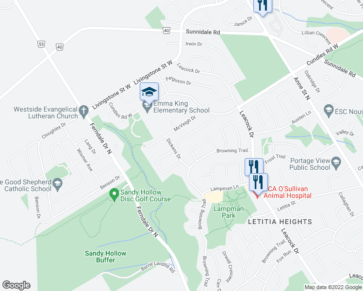 map of restaurants, bars, coffee shops, grocery stores, and more near 170 Burns Circle in Barrie
