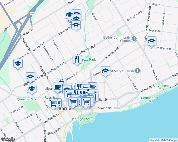map of restaurants, bars, coffee shops, grocery stores, and more near in Barrie