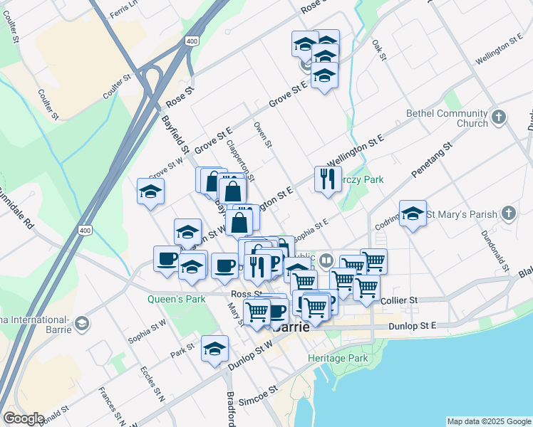 map of restaurants, bars, coffee shops, grocery stores, and more near 100 Clapperton Street in Barrie
