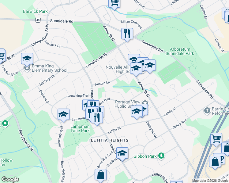 map of restaurants, bars, coffee shops, grocery stores, and more near Scott Crescent in Barrie