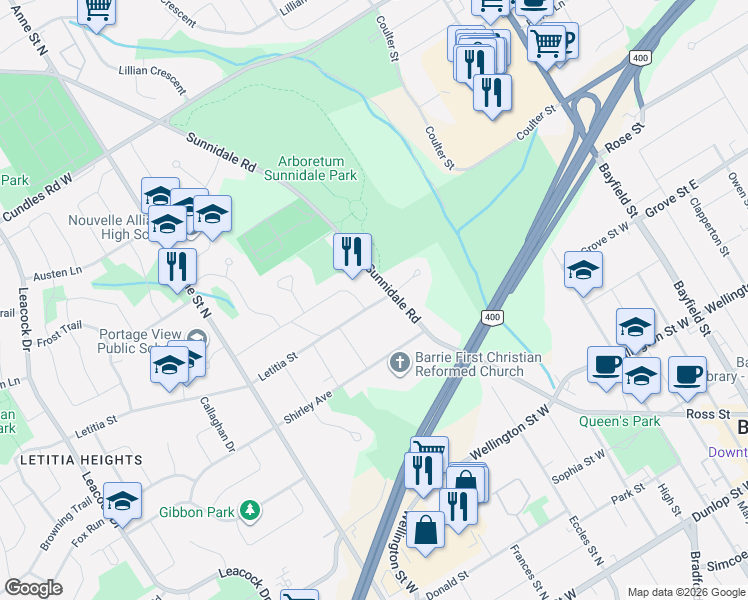 map of restaurants, bars, coffee shops, grocery stores, and more near in Barrie