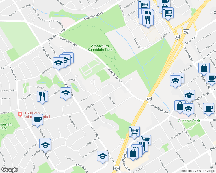 map of restaurants, bars, coffee shops, grocery stores, and more near 11 Castle Drive in Barrie