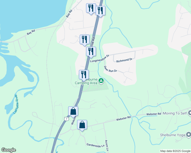map of restaurants, bars, coffee shops, grocery stores, and more near 4383 Shelburne Road in Shelburne