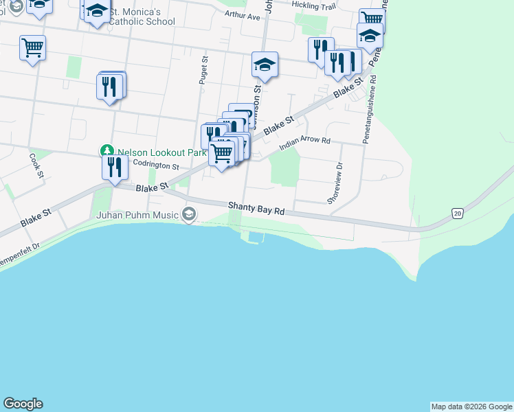 map of restaurants, bars, coffee shops, grocery stores, and more near 99 Shanty Bay Road in Barrie