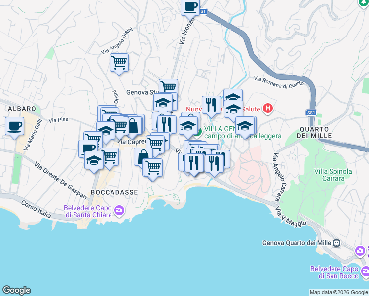 map of restaurants, bars, coffee shops, grocery stores, and more near 14 Via dei Mille in Genova