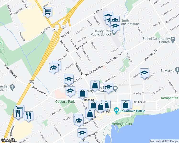 map of restaurants, bars, coffee shops, grocery stores, and more near 16 Wellington Street East in Barrie