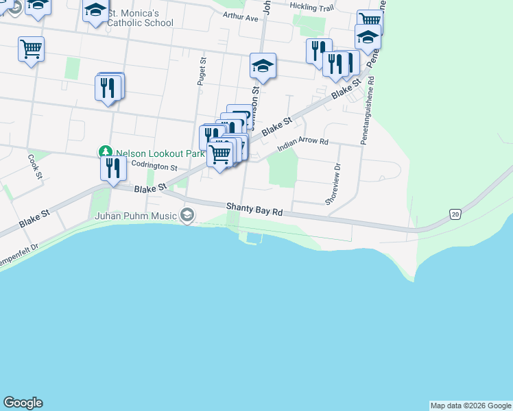 map of restaurants, bars, coffee shops, grocery stores, and more near 98 Shanty Bay Road in Barrie