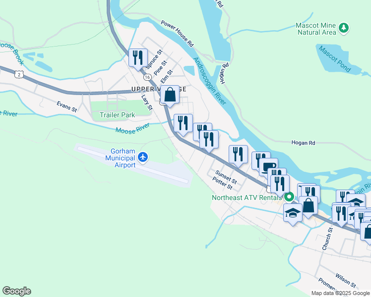 map of restaurants, bars, coffee shops, grocery stores, and more near 297 Main Street in Gorham