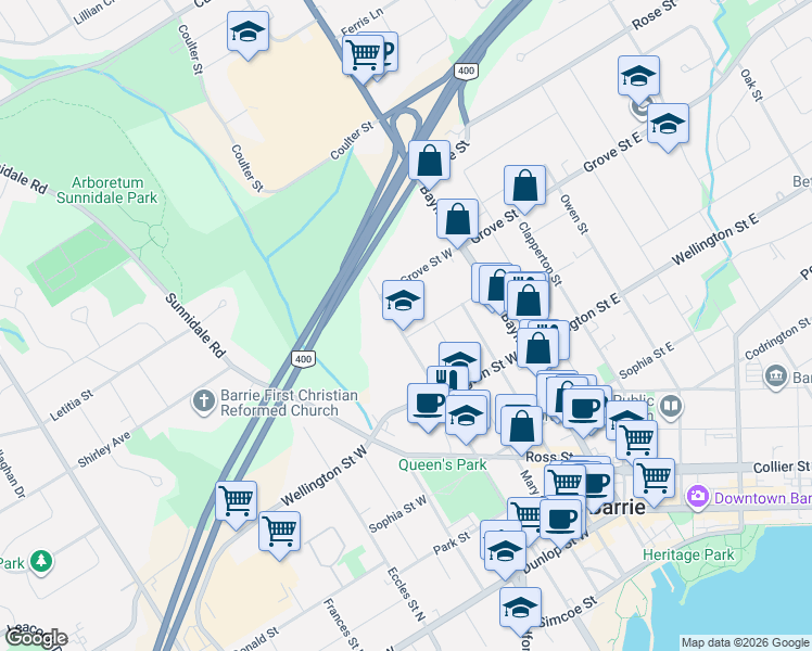 map of restaurants, bars, coffee shops, grocery stores, and more near 187 Toronto Street in Barrie