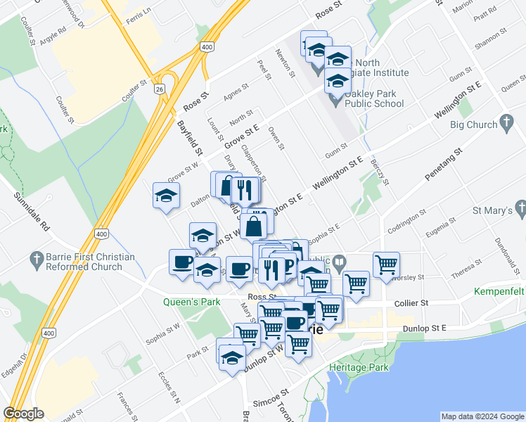 map of restaurants, bars, coffee shops, grocery stores, and more near 18 Wellington Street East in Barrie