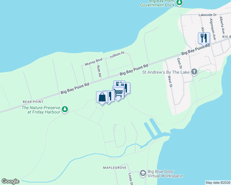map of restaurants, bars, coffee shops, grocery stores, and more near 271 Sea Ray Avenue in Innisfil