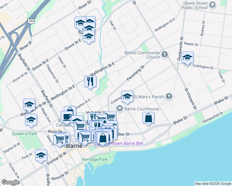 map of restaurants, bars, coffee shops, grocery stores, and more near 13 Penetang Street in Barrie