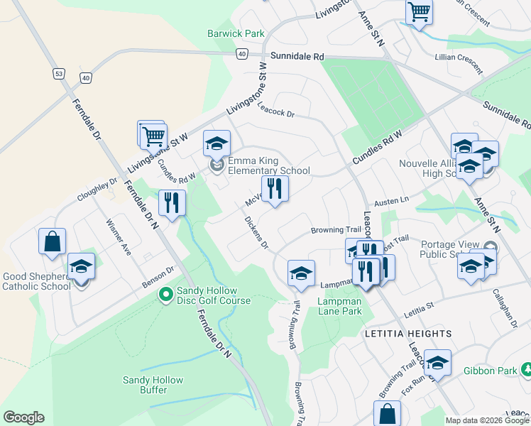 map of restaurants, bars, coffee shops, grocery stores, and more near Burns Circle in Barrie