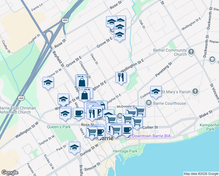 map of restaurants, bars, coffee shops, grocery stores, and more near 118 Owen Street in Barrie