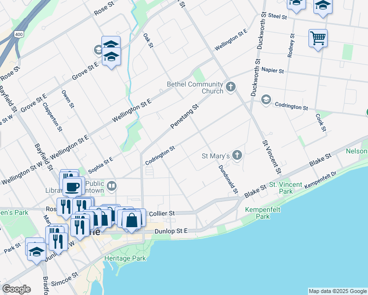 map of restaurants, bars, coffee shops, grocery stores, and more near in Barrie