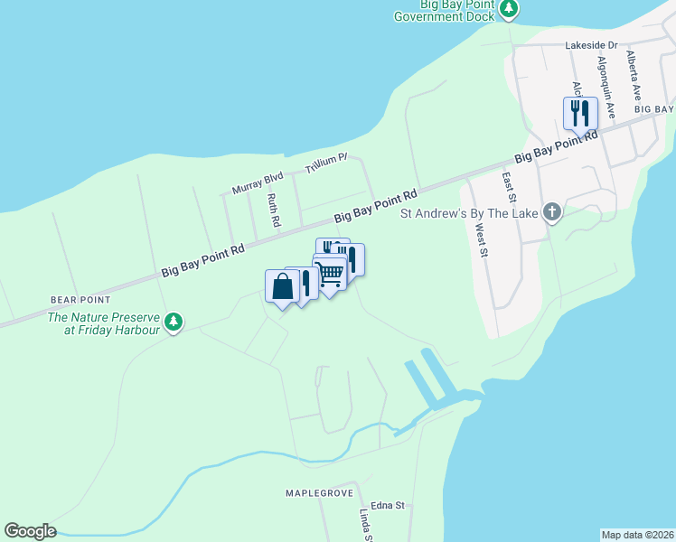 map of restaurants, bars, coffee shops, grocery stores, and more near 241 Sea Ray Avenue in Innisfil