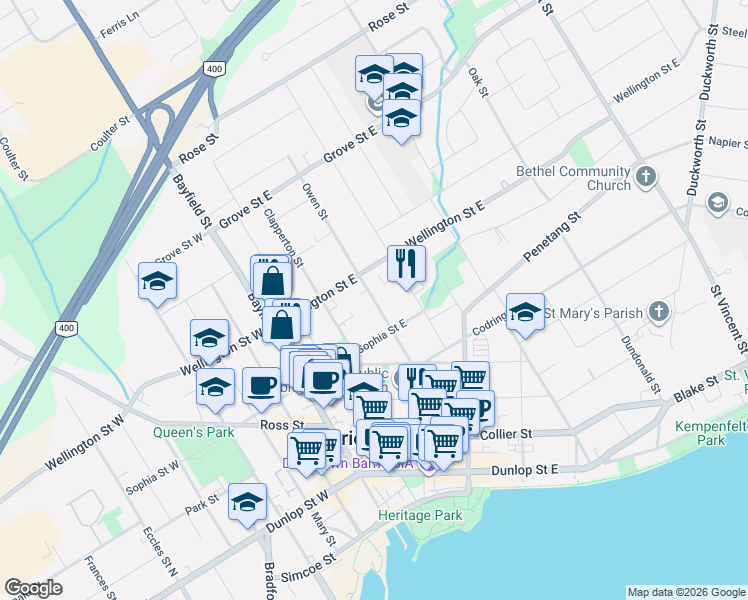 map of restaurants, bars, coffee shops, grocery stores, and more near Owen Street in Barrie