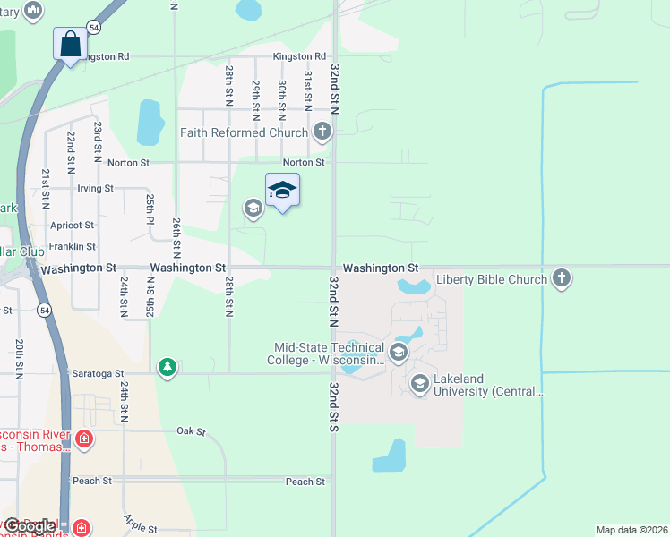 map of restaurants, bars, coffee shops, grocery stores, and more near 3200 Washington Street in Wisconsin Rapids