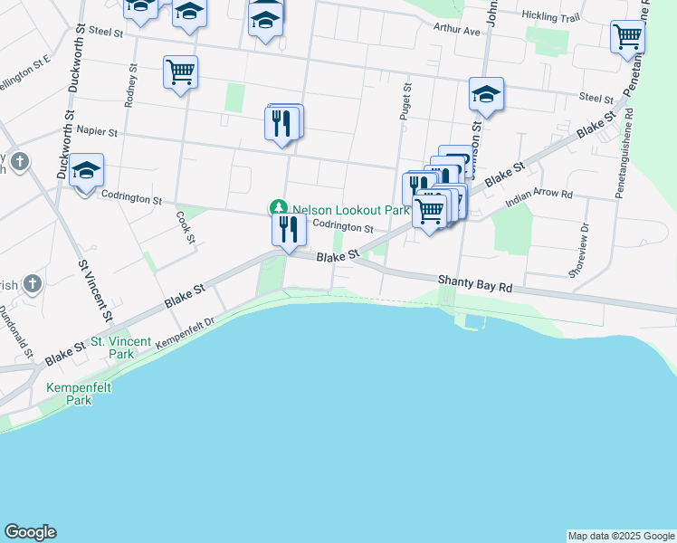 map of restaurants, bars, coffee shops, grocery stores, and more near 15 Vancouver Street in Barrie