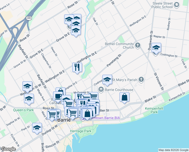 map of restaurants, bars, coffee shops, grocery stores, and more near 12 Penetang Street in Barrie