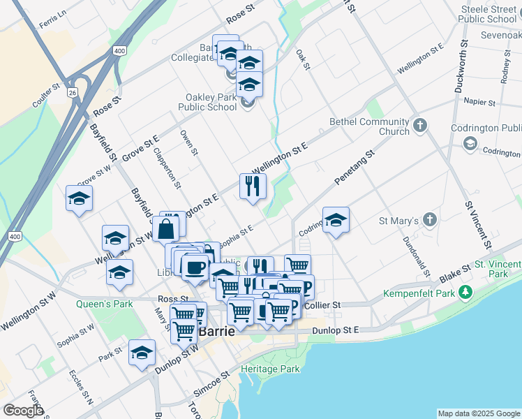 map of restaurants, bars, coffee shops, grocery stores, and more near 34 Peel Street in Barrie