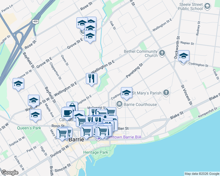 map of restaurants, bars, coffee shops, grocery stores, and more near 8 Penetang Street in Barrie