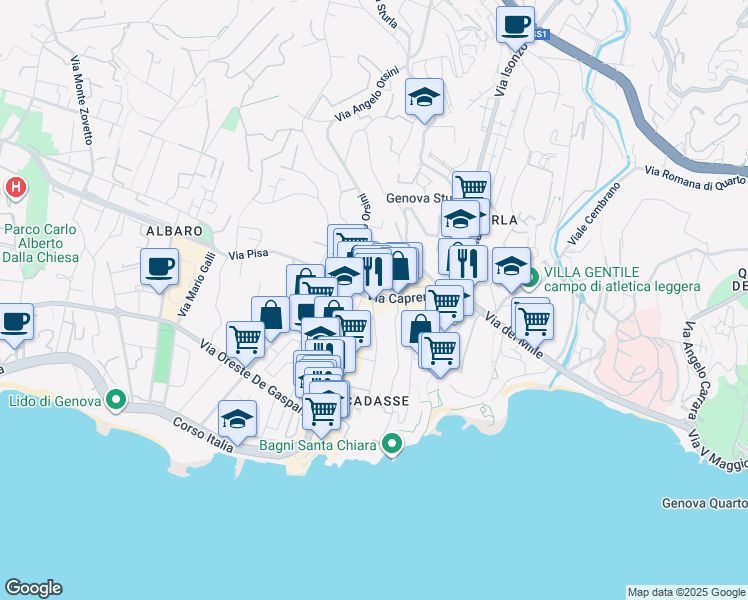 map of restaurants, bars, coffee shops, grocery stores, and more near 21 Via Caprera in Genova