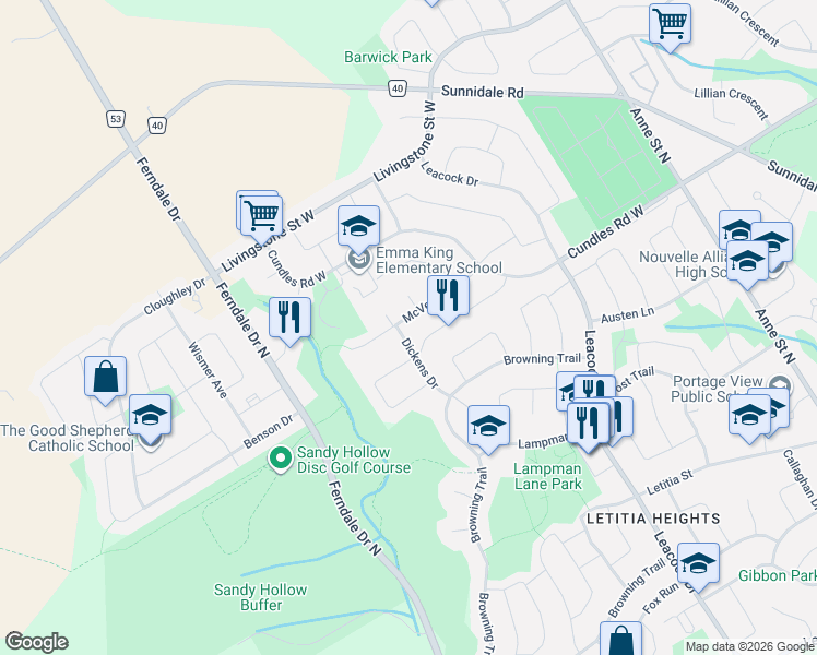 map of restaurants, bars, coffee shops, grocery stores, and more near 47 McVeigh Drive in Barrie