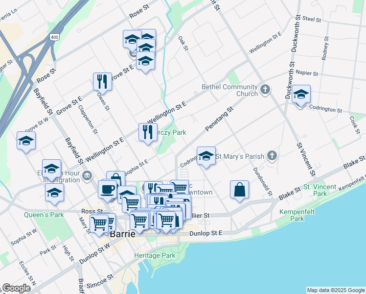 map of restaurants, bars, coffee shops, grocery stores, and more near 14 Penetang Street in Barrie