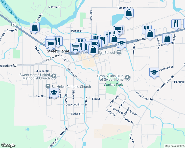 map of restaurants, bars, coffee shops, grocery stores, and more near 1036 12th Avenue in Sweet Home